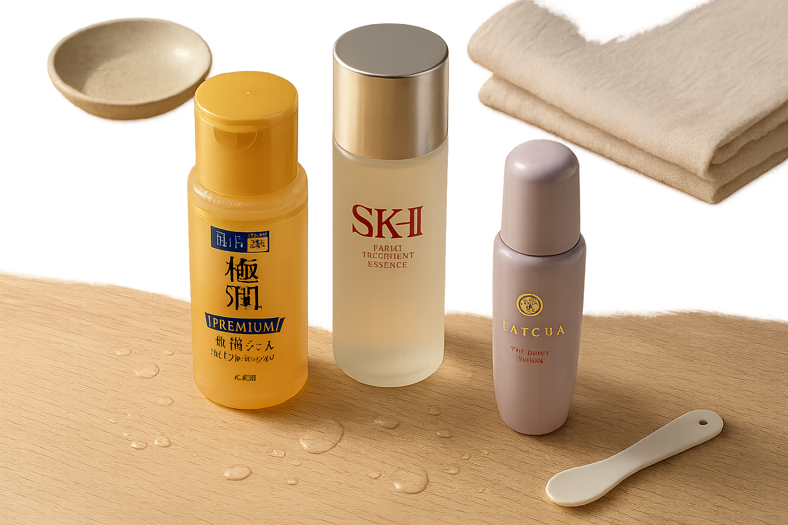Elegant flat lay of Japanese essence serums, including Hada Labo bottle, on a light wooden surface with soft natural light