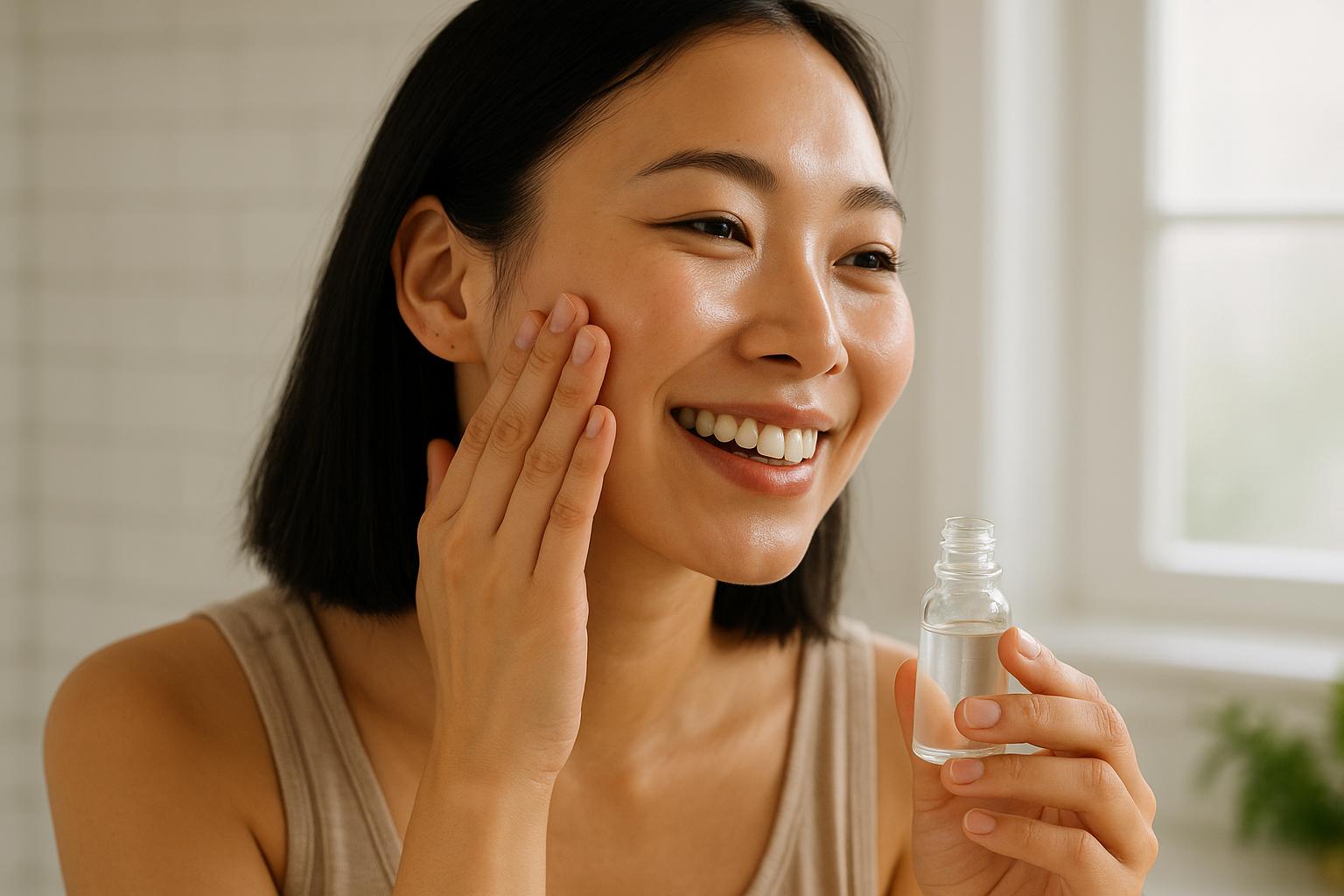 Close-up of a woman’s hands applying lightweight essence serum with gentle patting on clear, smooth skin