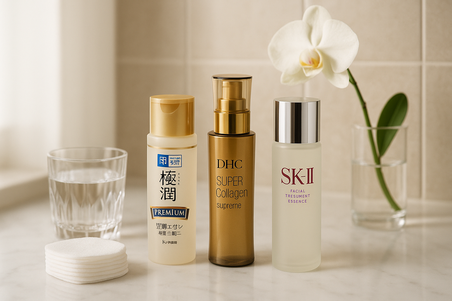 Luxurious bathroom counter with three essence serum bottles arranged alongside cotton pads, water glass, and a small flower vase