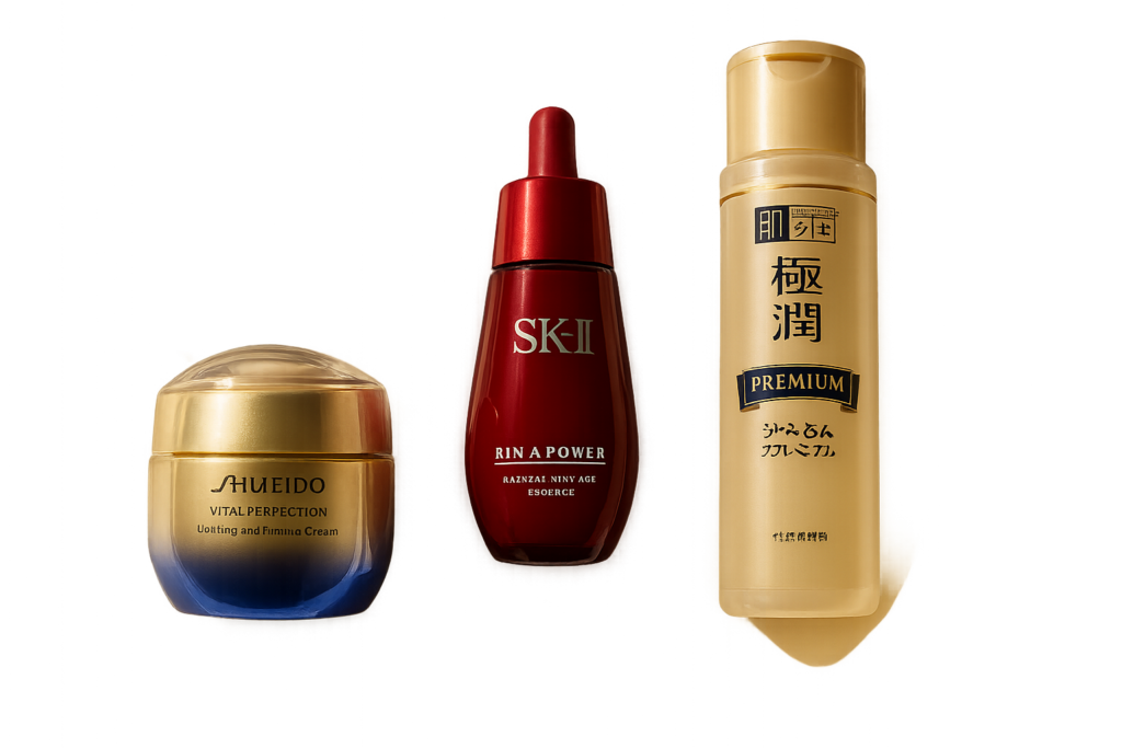Elegant flat lay of Japanese luxury skincare products with smooth textures and soft morning light