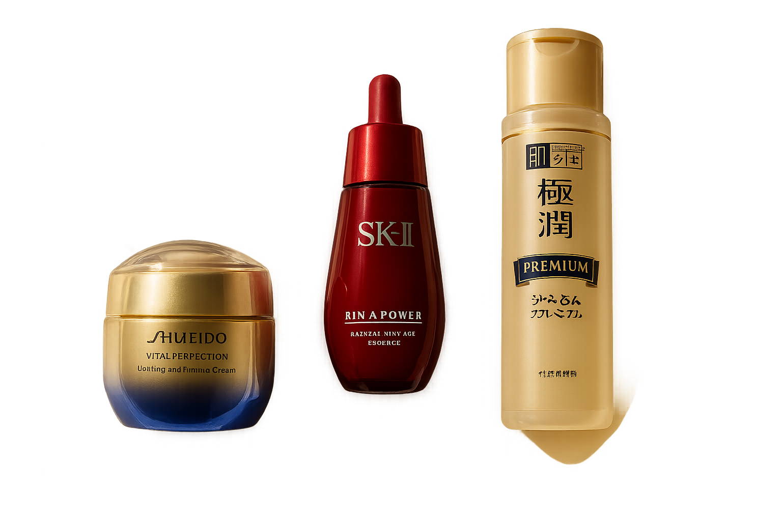 Elegant flat lay of Japanese luxury skincare products with smooth textures and soft morning light