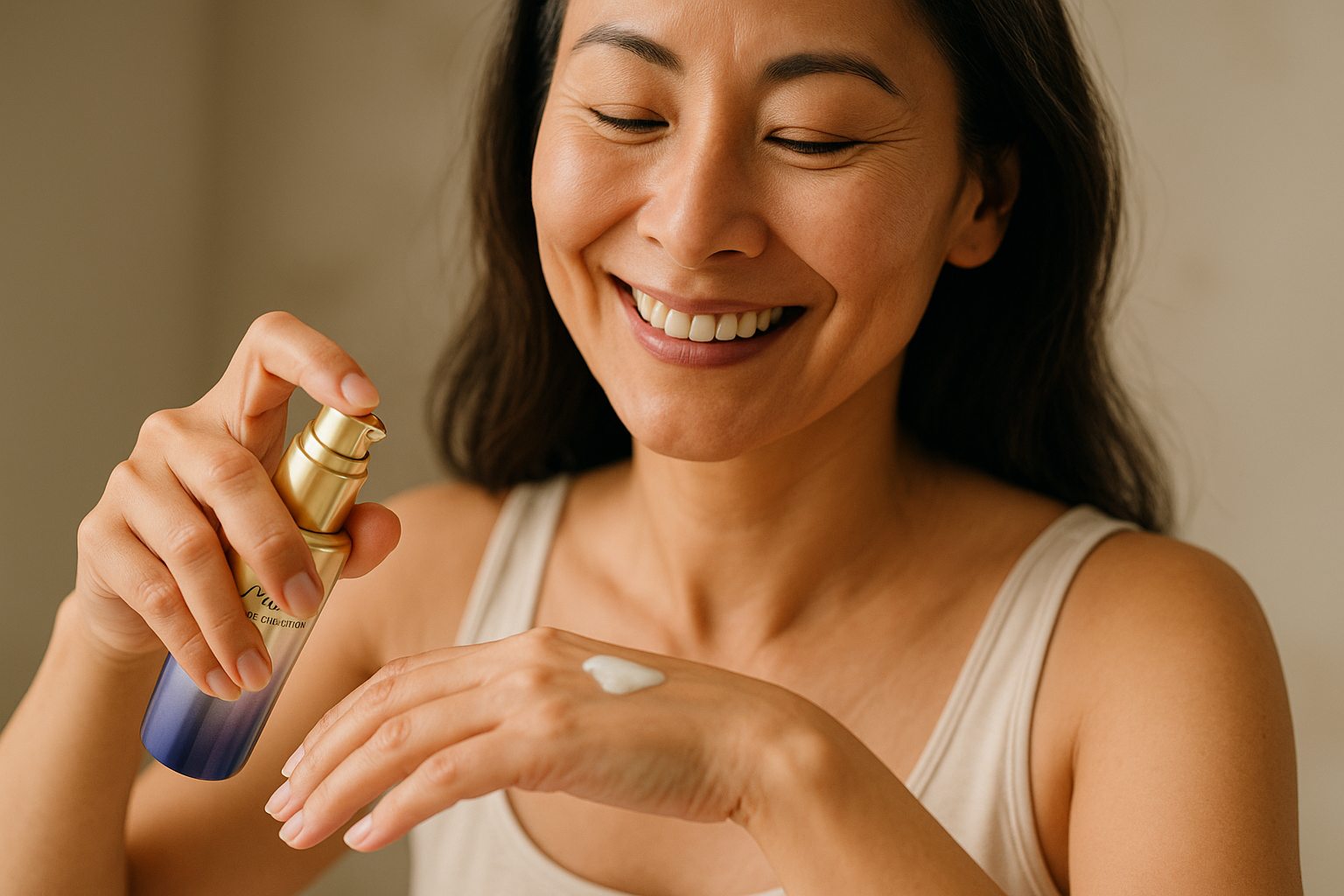 Close-up of a mature woman’s hand applying silky Japanese serum on skin
