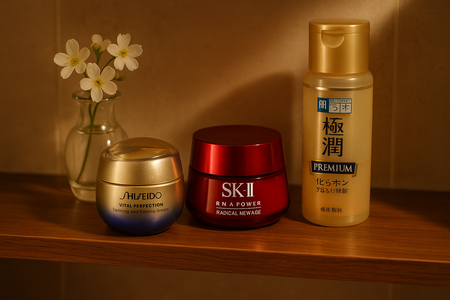 Luxury bathroom shelf with three Japanese skincare products highlighted under warm lighting