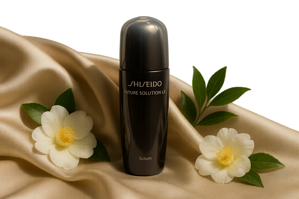 Elegant arrangement of Japanese luxury skincare products featuring Shiseido Future Solution LX Serum with silk fabric and natural botanicals