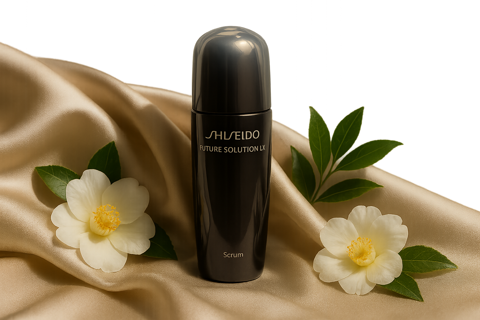Elegant arrangement of Japanese luxury skincare products featuring Shiseido Future Solution LX Serum with silk fabric and natural botanicals