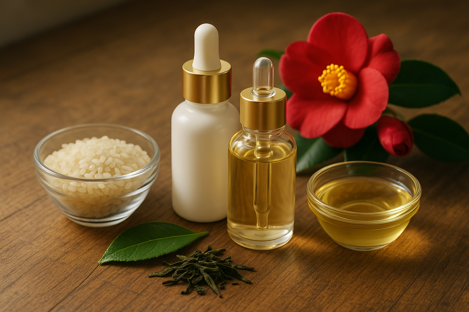 Close-up of rare Japanese botanical ingredients like fermented rice bran and camellia oil displayed with skincare serum bottles