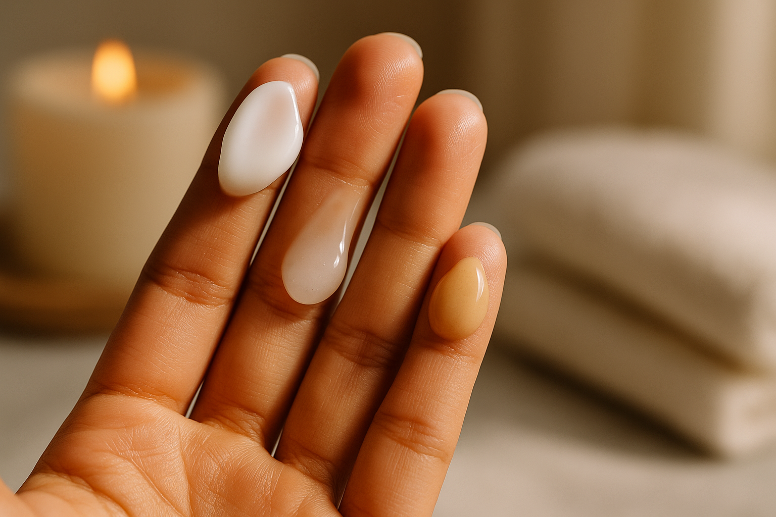 Comparison of serum textures showing gel-cream, fluid essence, and rich velvety serum on fingertips