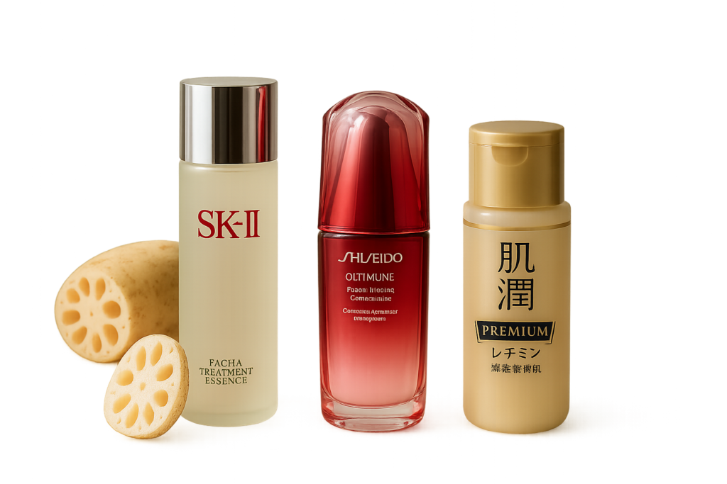Still life of premium Japanese skincare products with lotus root on a minimal modern vanity