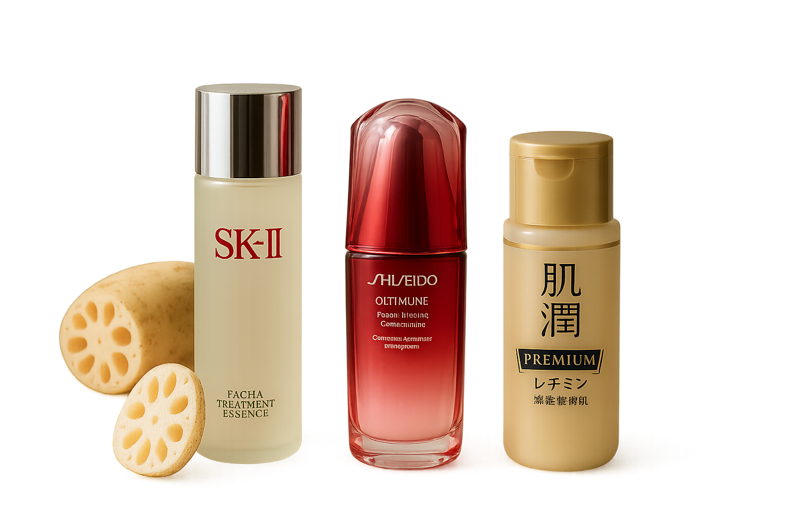 Still life of premium Japanese skincare products with lotus root on a minimal modern vanity