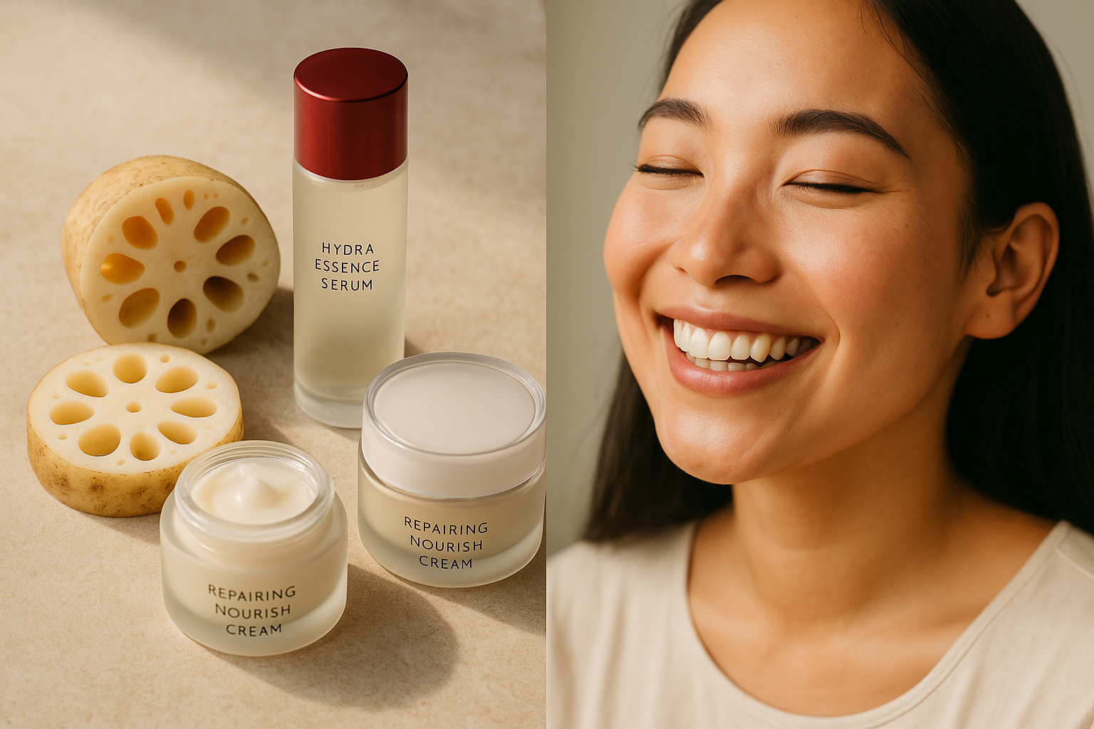 Close-up of lotus root slices and product textures alongside skincare bottles