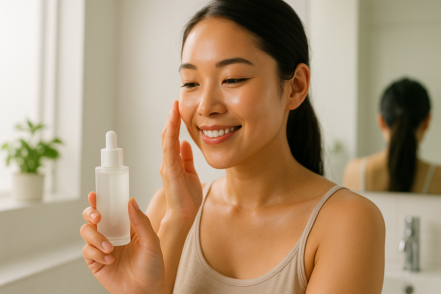 Woman applying light serum in morning bathroom with minimalist decor