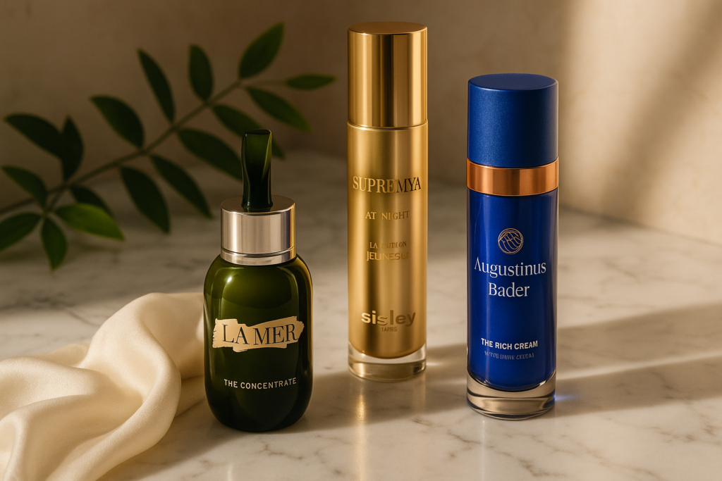 Elegant still life of luxury skincare products on a marble surface with soft morning light