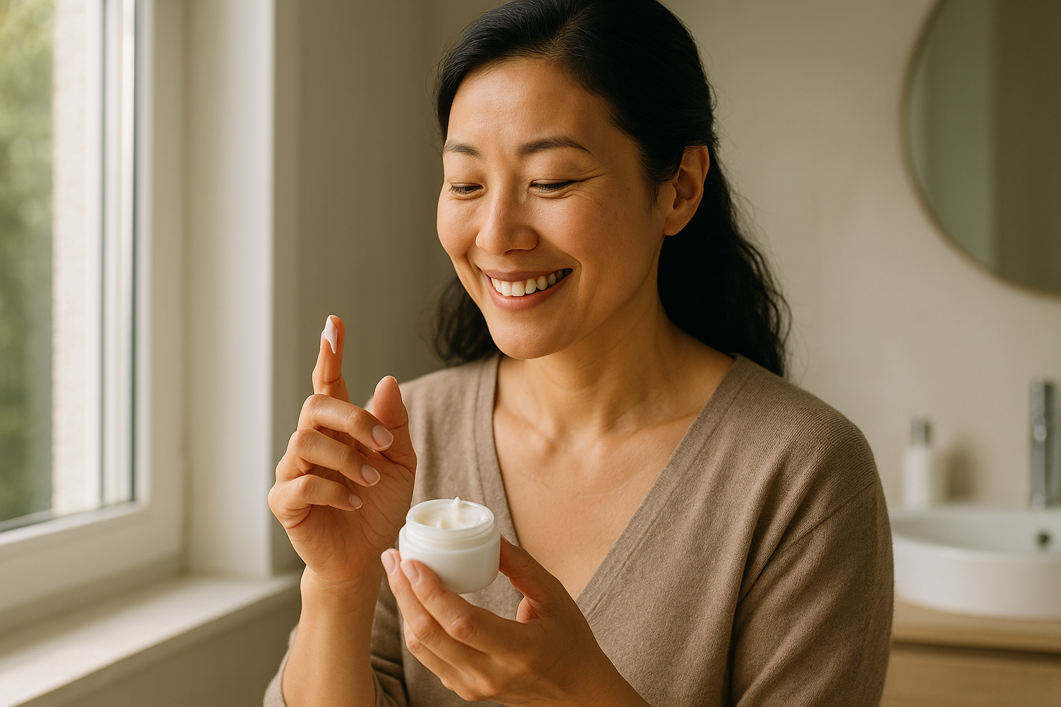 Close-up of a woman examining texture samples of luxury skincare creams in natural light