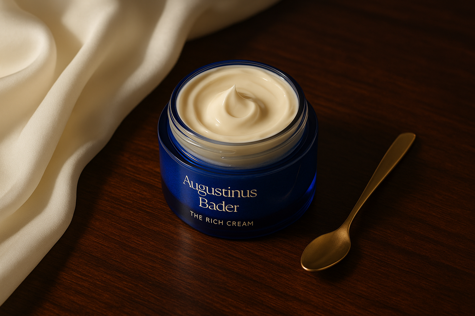 Focused shot of luxury cream jar open with rich texture visible alongside a silk cloth and gold spoon