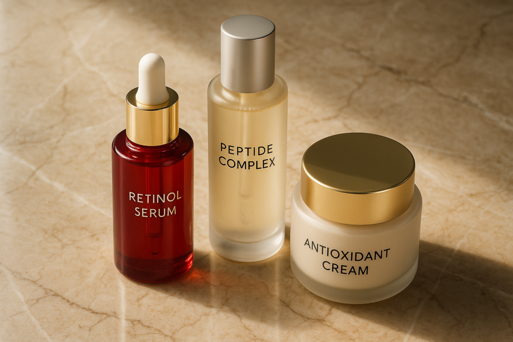 Close-up of luxurious anti-aging skincare bottles on a marble countertop with soft natural light