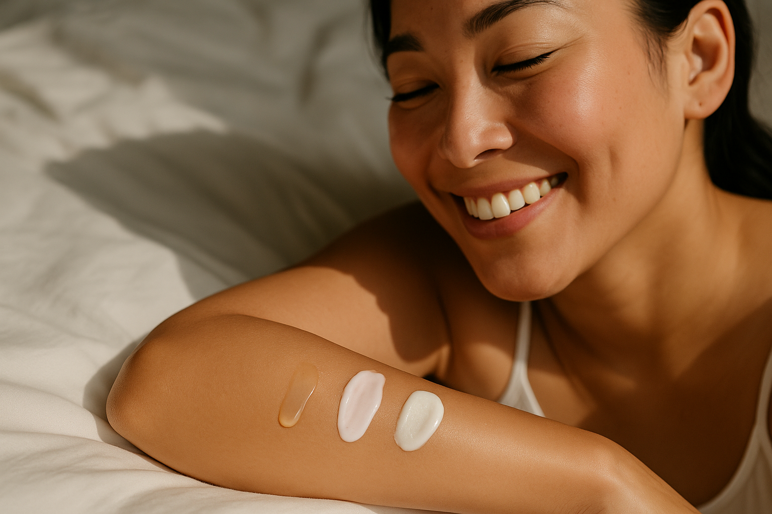 Texture swatches of retinol, peptide, and antioxidant creams on a woman's forearm in soft morning light