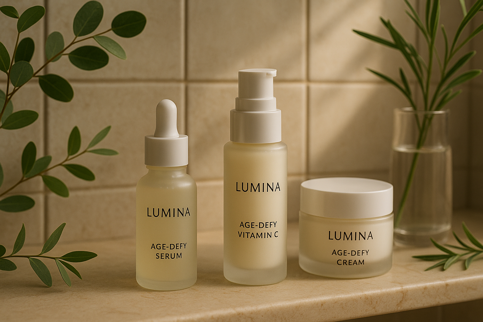 Elegant bathroom shelf with neatly arranged anti-aging skincare trio in an organized morning routine setting