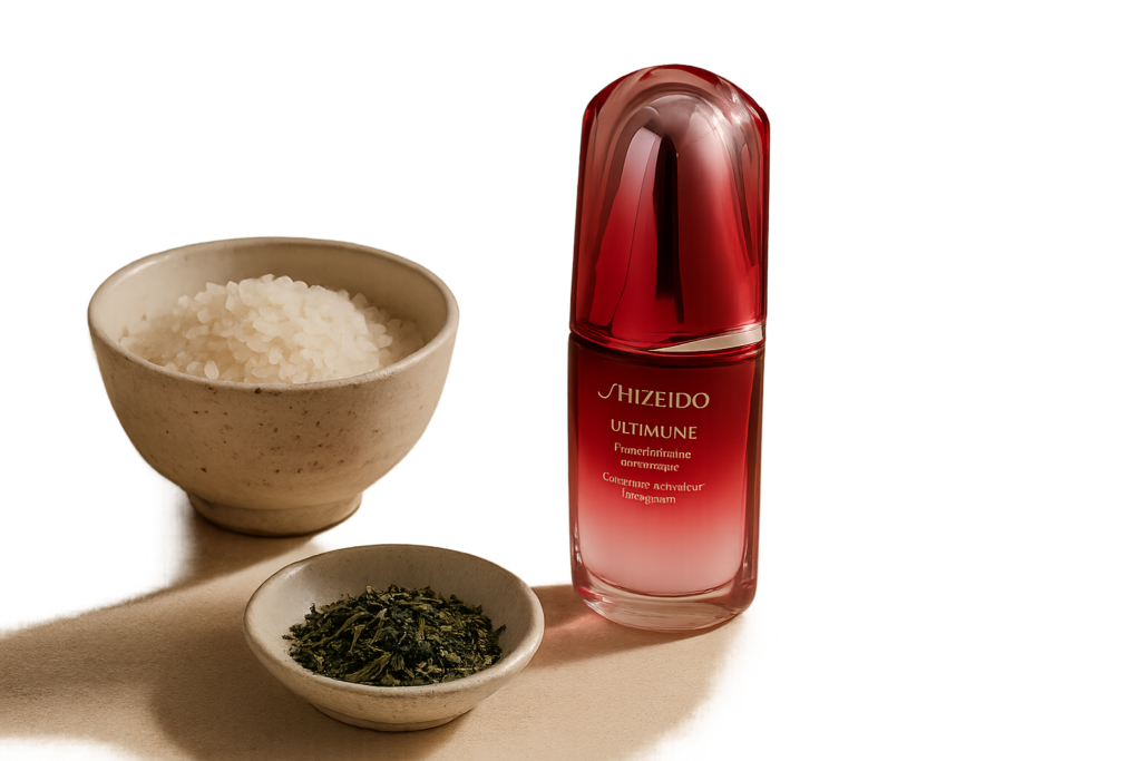 Elegantly arranged Japanese skincare products with natural textures and serene background