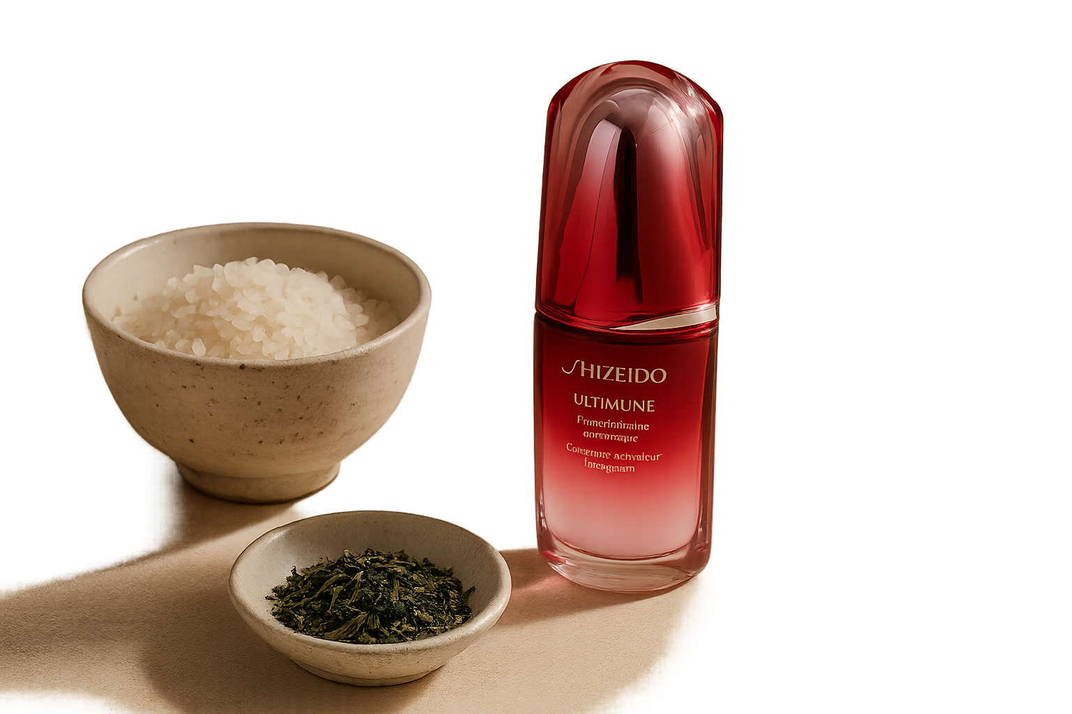 Elegantly arranged Japanese skincare products with natural textures and serene background