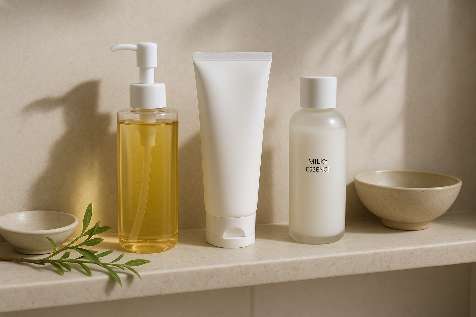 Minimalist bathroom shelf showcasing three Japanese cleansers with varied textures