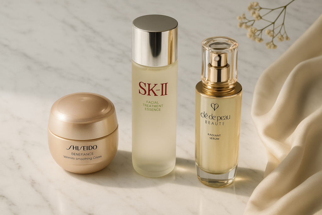 Luxurious flat lay of premium Japanese skincare products on a minimalist marble surface