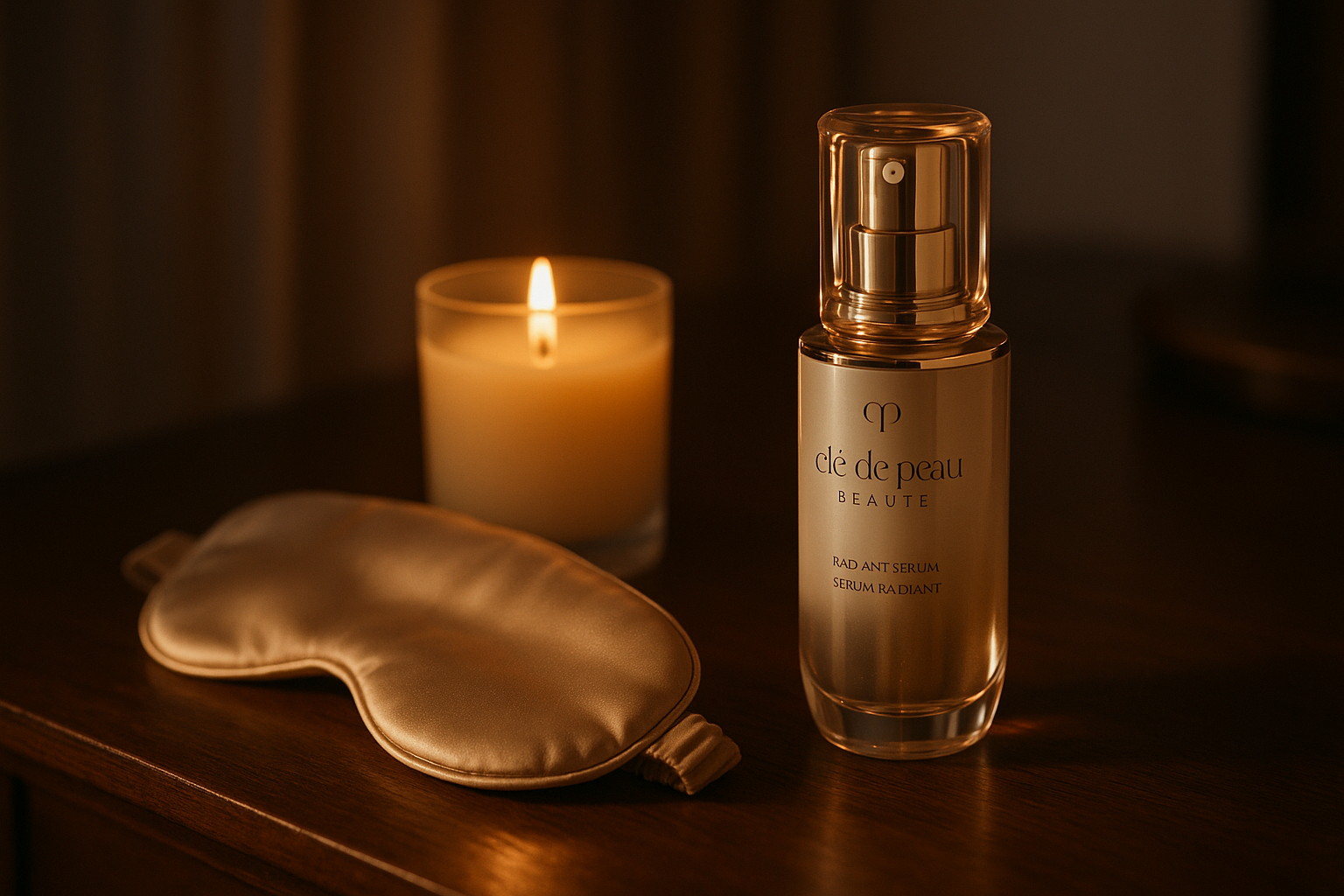 Elegant evening skincare routine scene featuring Clé de Peau Beauté Radiant Serum and soft ambient light