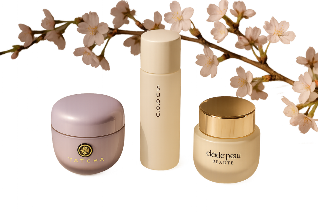 Elegant display of Japanese luxury skincare products including Tatcha, Suqqu, and Clé de Peau Beauté on a clean marble surface with soft natural daylight
