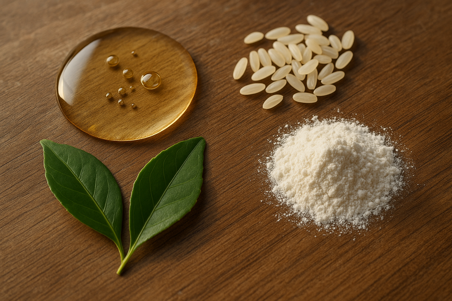 Close-up of Japanese botanical ingredients used in luxury skincare, like camellia oil and rice bran, with textured powders and natural elements