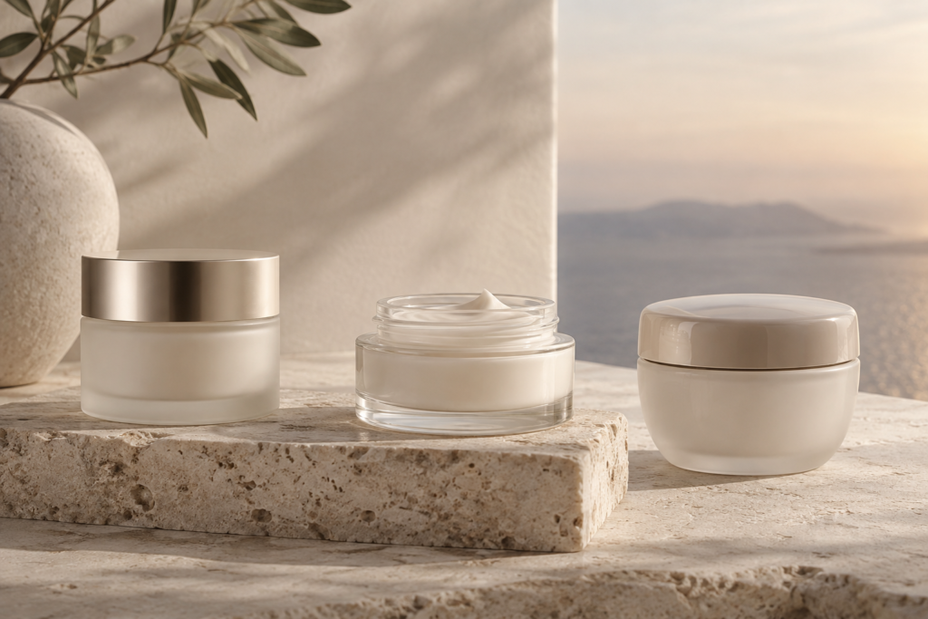 Three unbranded luxury cream jars arranged on pale stone in soft evening light
