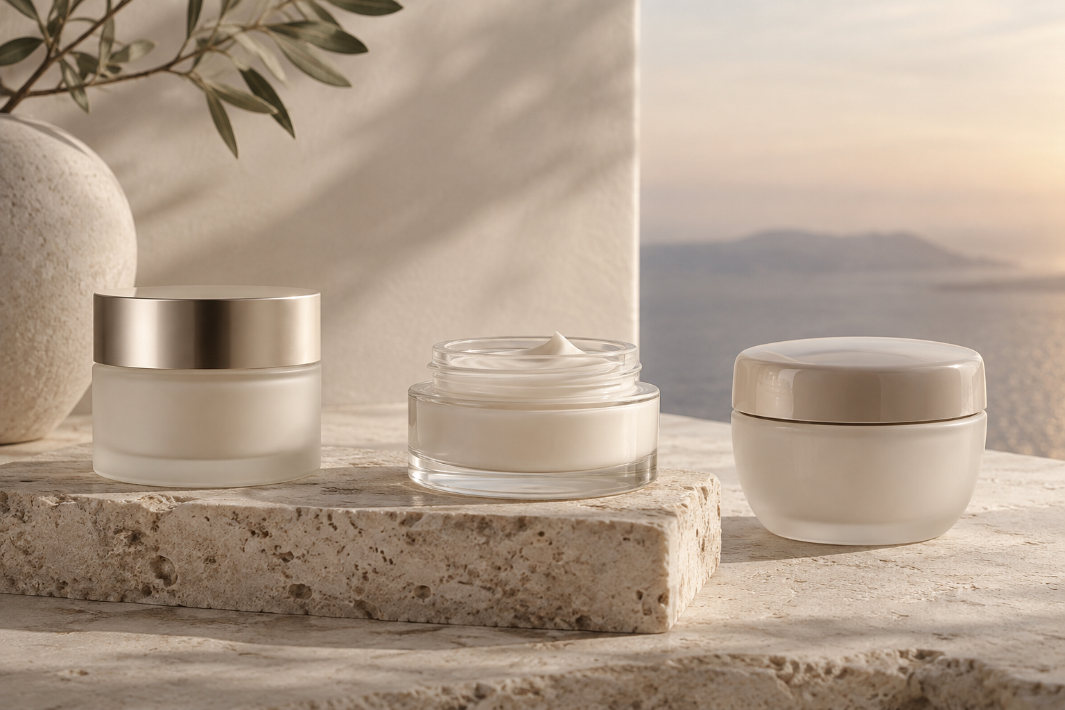 Three unbranded luxury cream jars arranged on pale stone in soft evening light