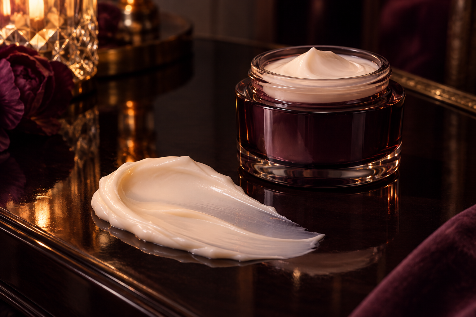 Rich facial cream texture beside an unbranded jar on a dark vanity