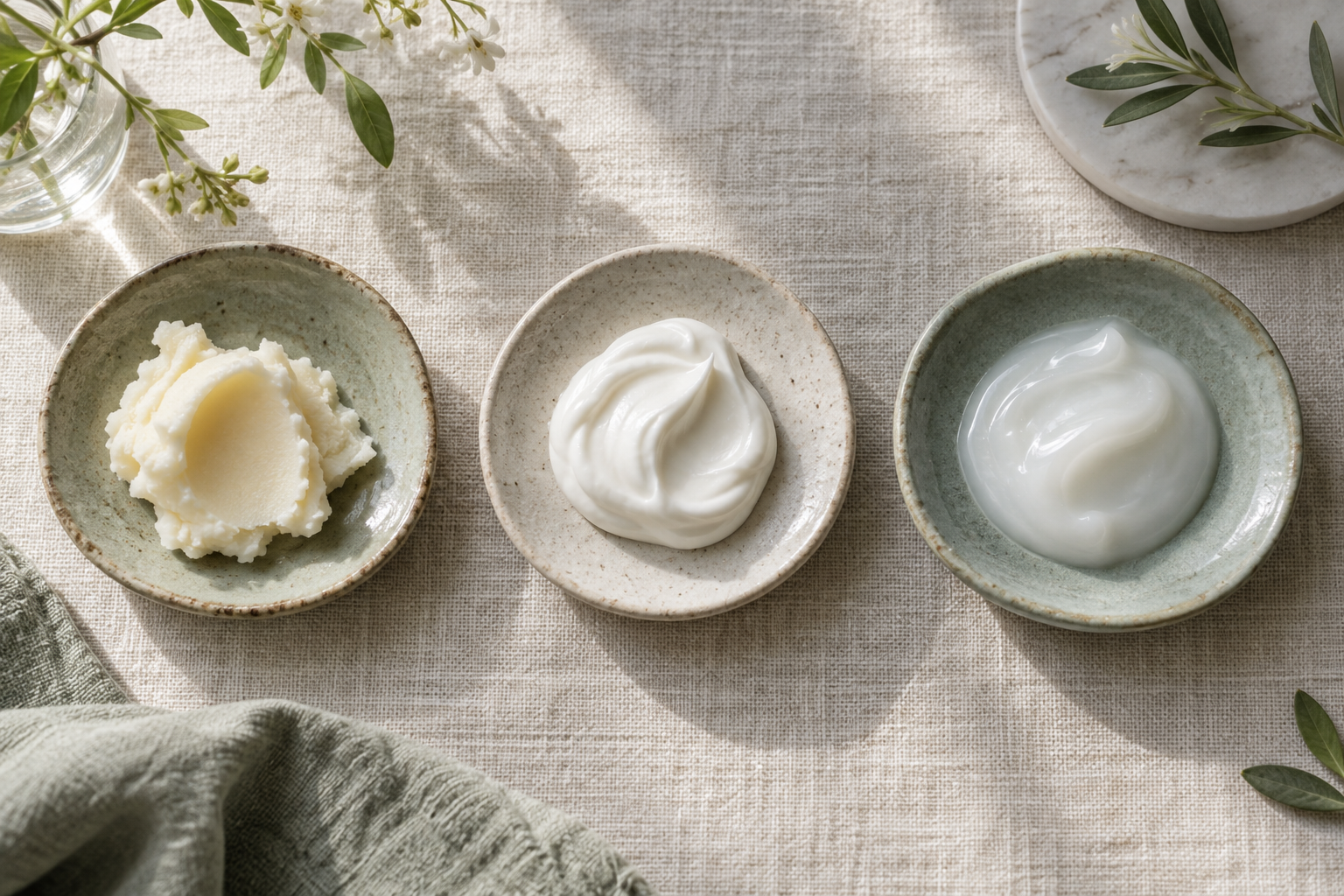 Three cream textures presented on ceramic dishes in natural morning light