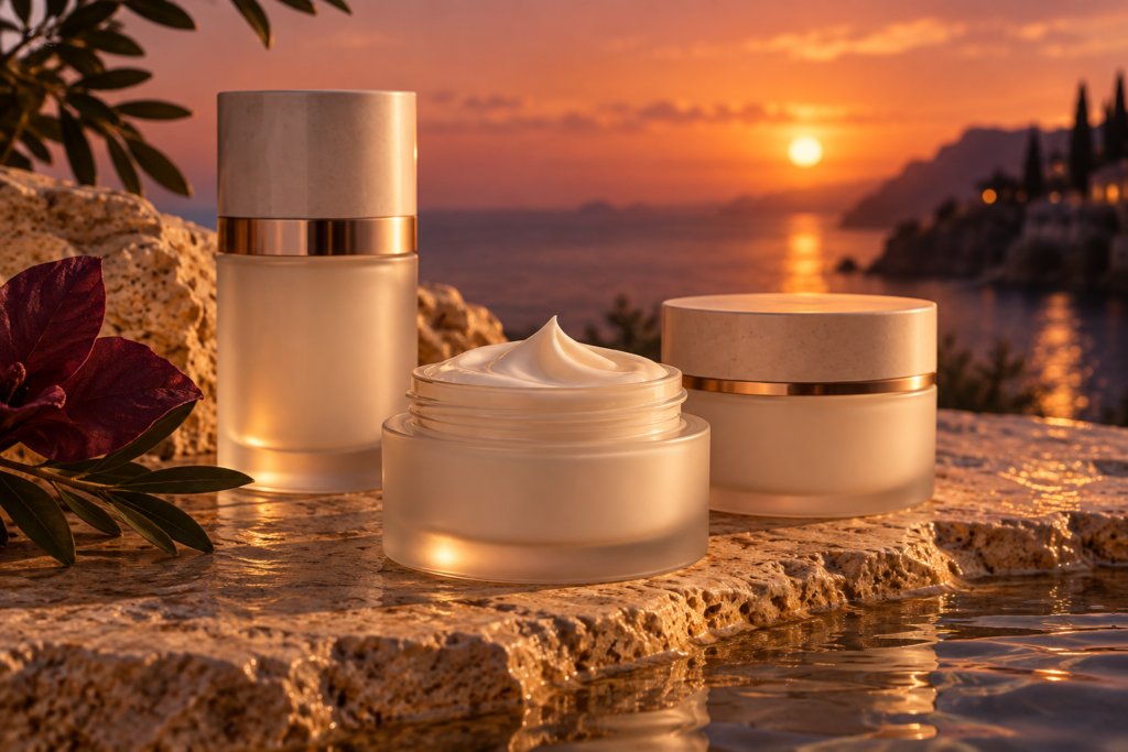 Three unbranded mature-skin moisturizers in a serene evening setting