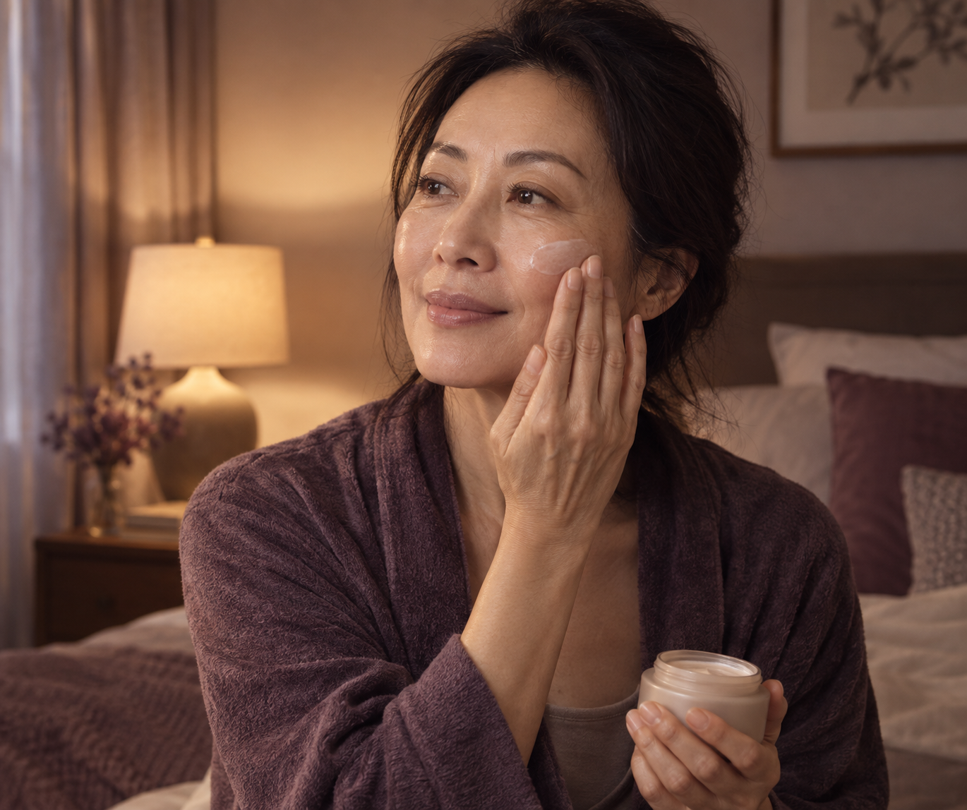 Woman over 50 applying moisturizer in soft evening light