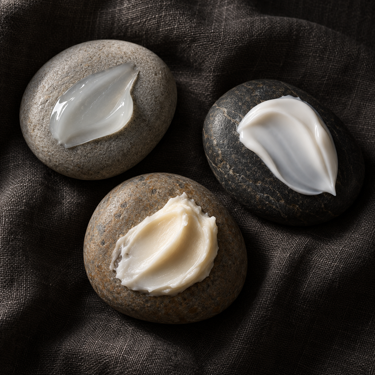 Light, ritual, and rich cream textures compared on stone
