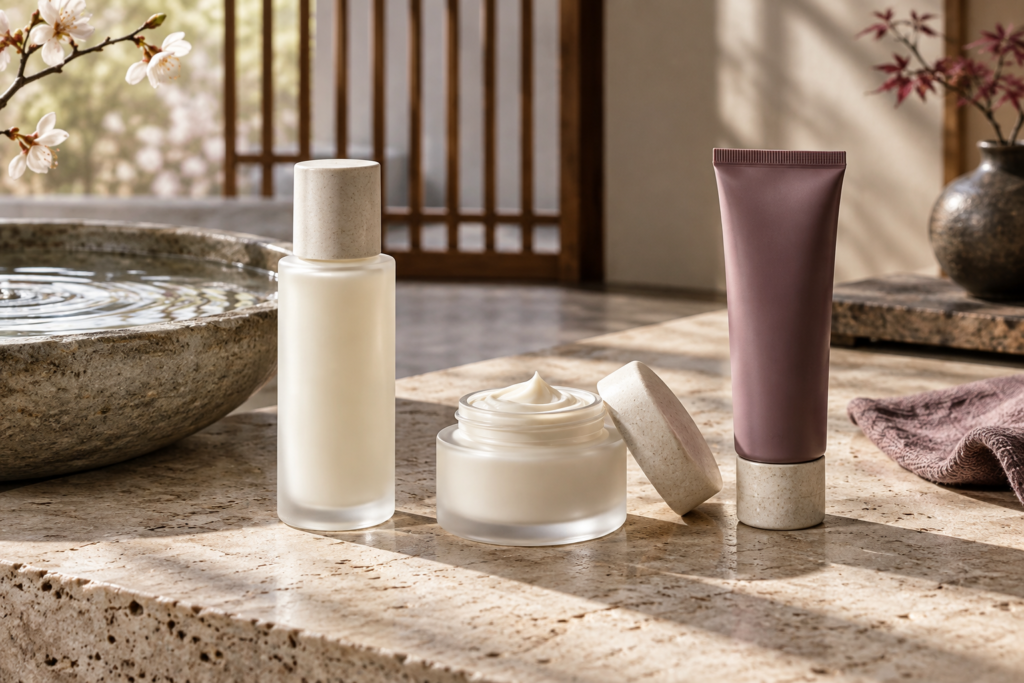 Elegant unbranded Japanese skincare vessels arranged for a simple routine after 40