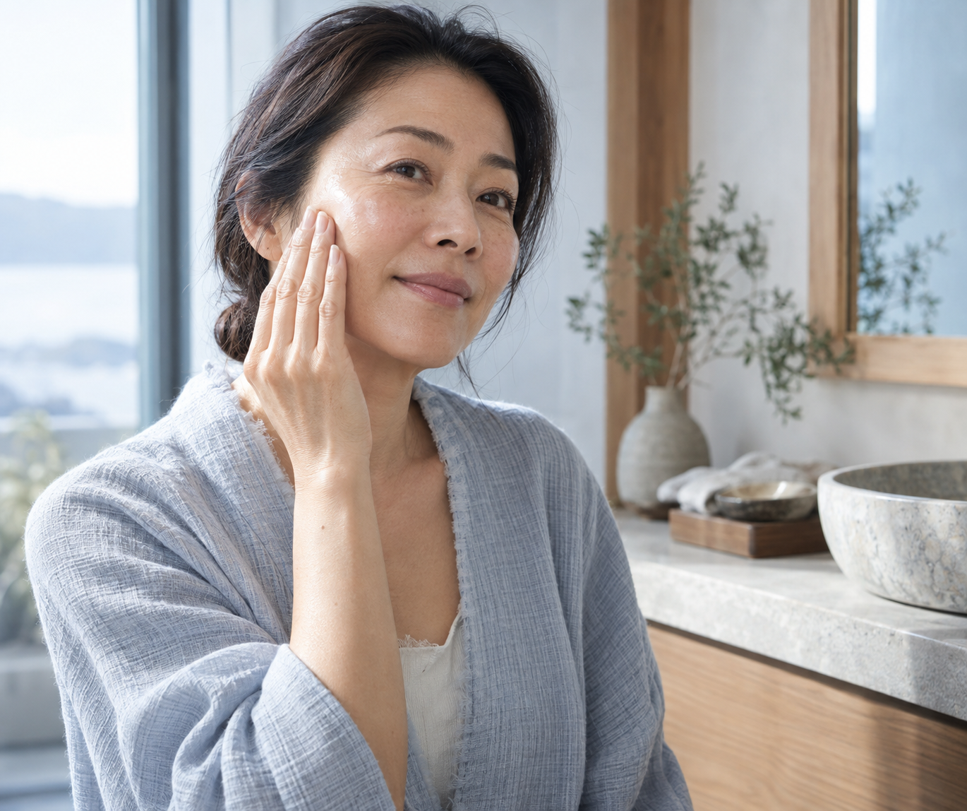 Woman over 40 gently pressing a hydrating skincare layer onto her cheek