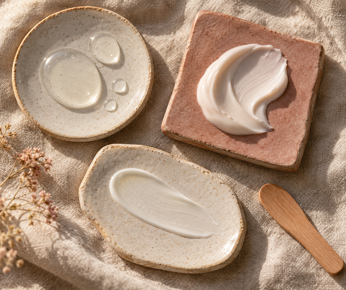 Fluid lotion, rich cream, and lightweight sunscreen textures shown side by side