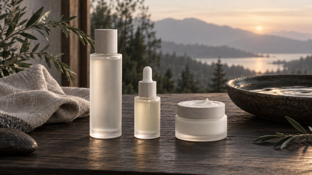 Three unbranded skincare vessels arranged as a calm Japanese beauty ritual