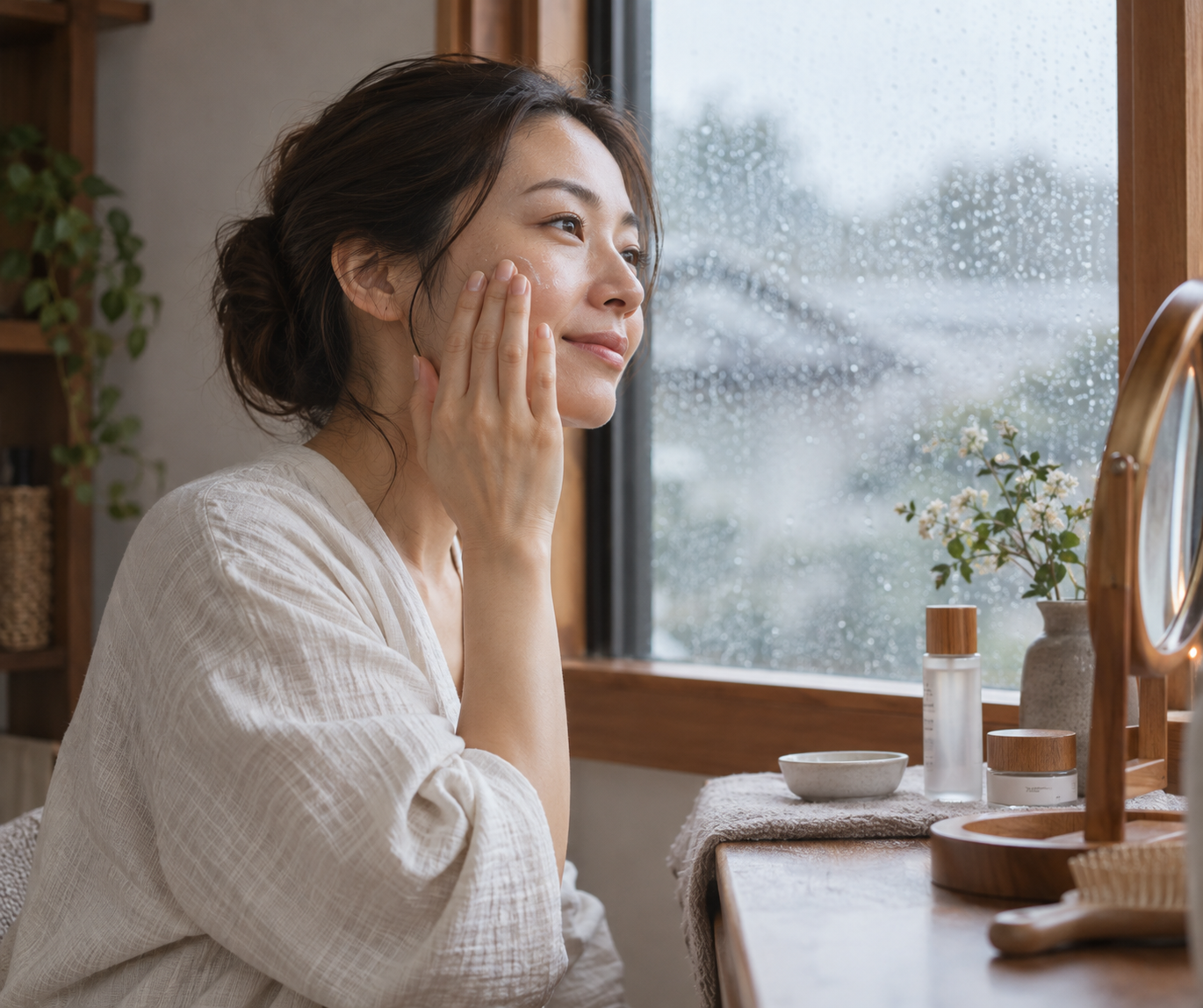 Woman thoughtfully applying a fluid skincare layer at a wooden vanity
