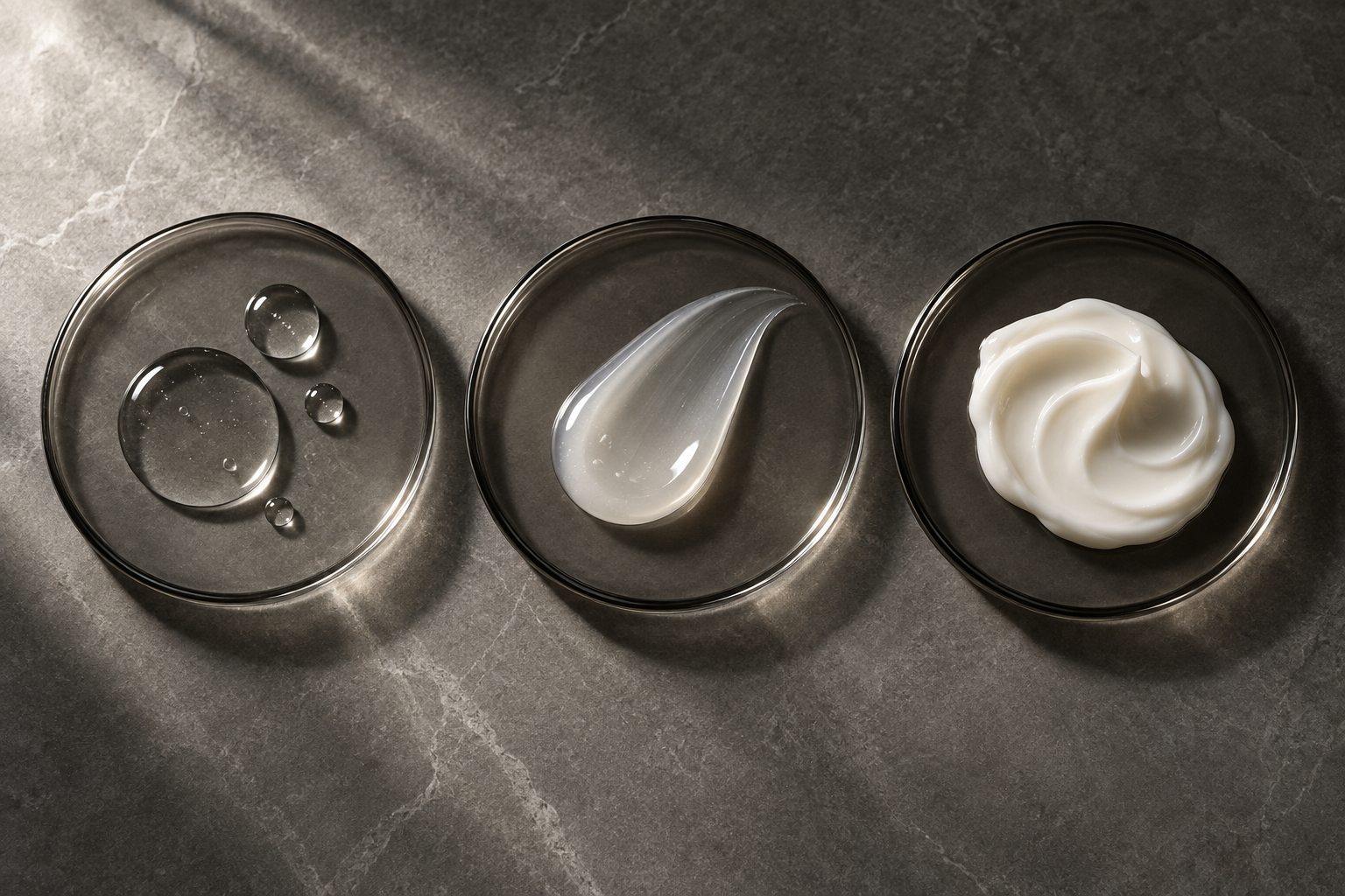 Three skincare textures progressing from fluid to rich