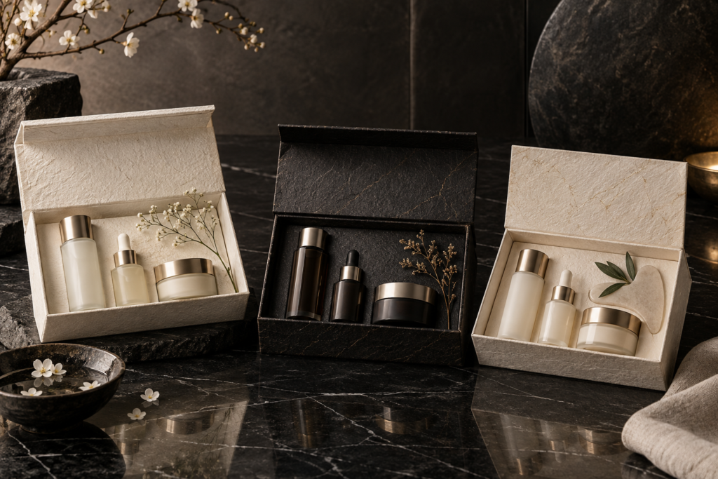 Three elegant unbranded Japanese skincare gift sets in a premium editorial setting