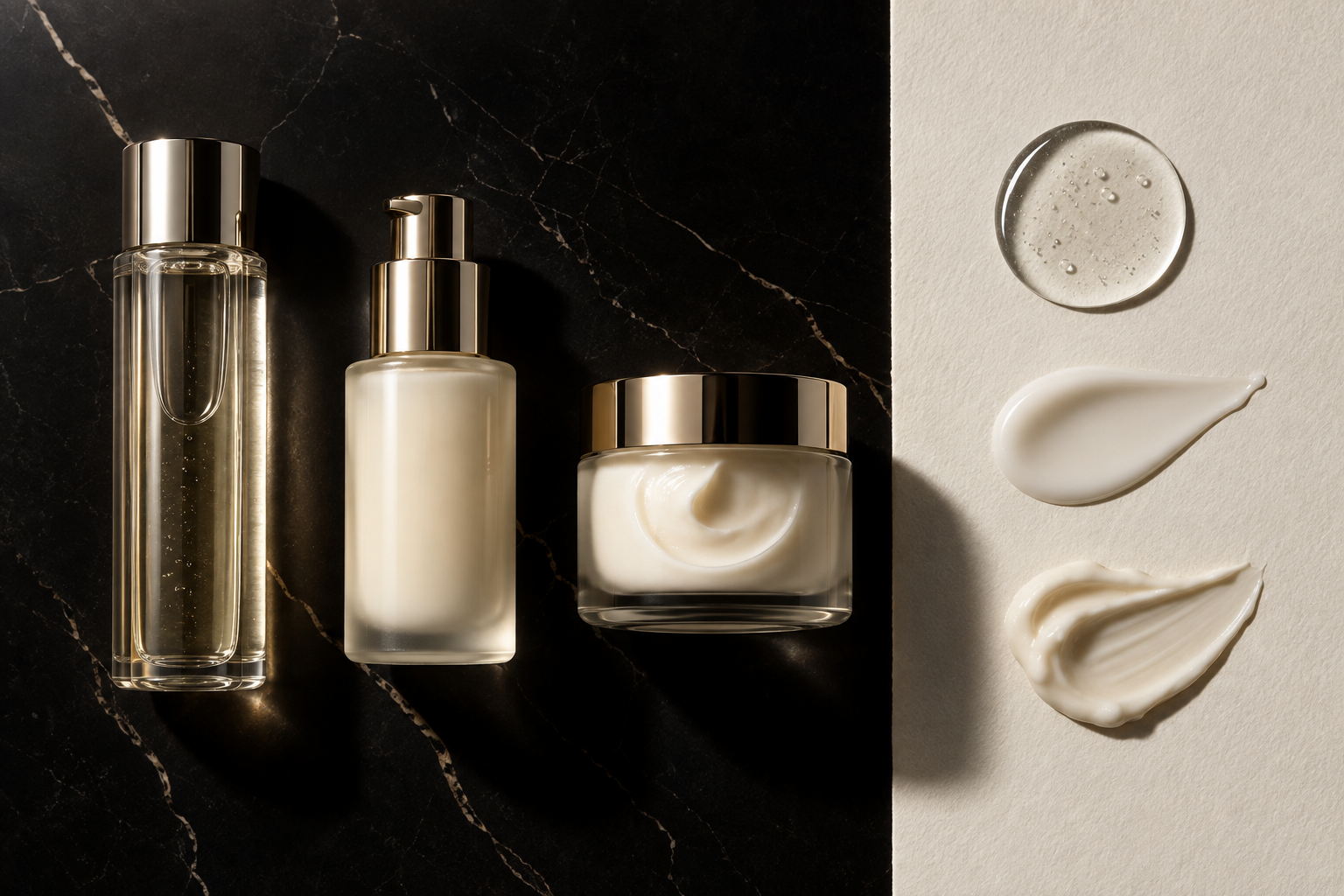 Skincare set contents arranged by texture and routine step