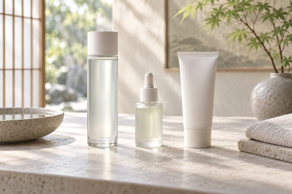 Three unbranded Japanese skincare vessels arranged as a simple morning routine
