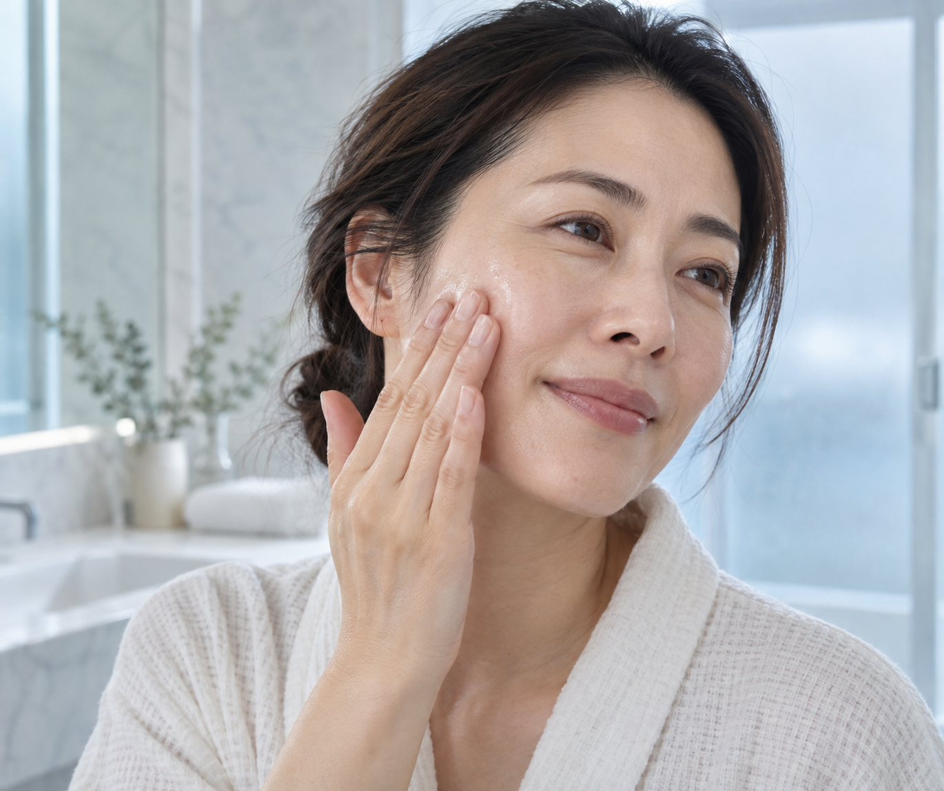 Woman pressing a lightweight skincare essence onto her face in soft window light