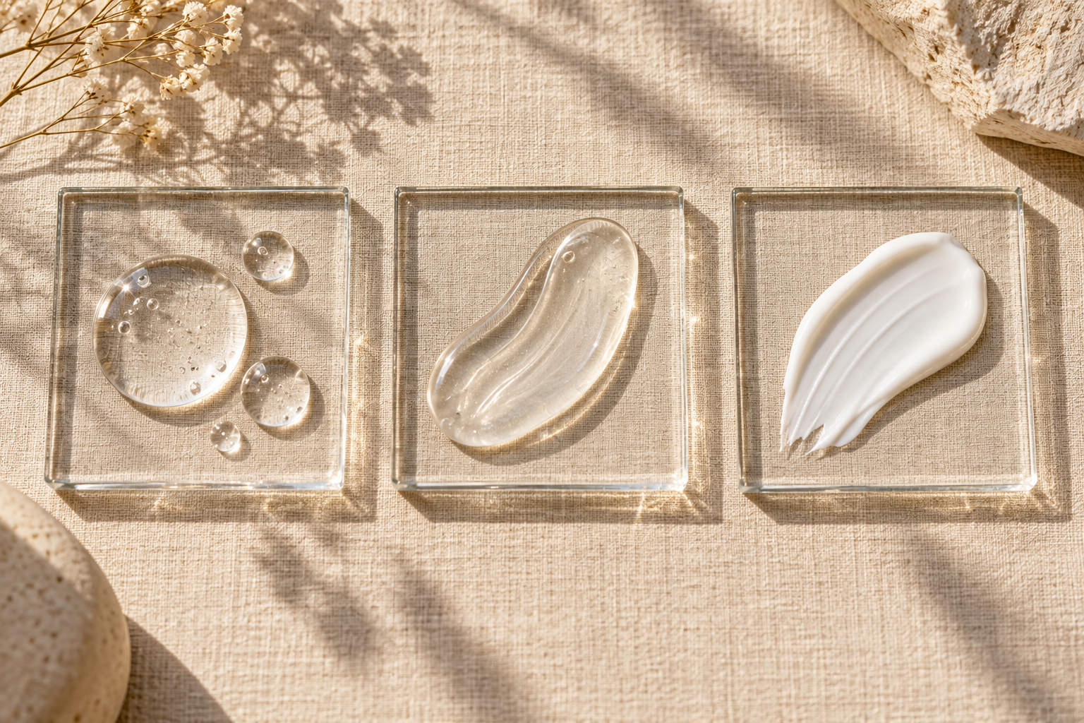Morning skincare layers shown through distinct transparent textures on glass